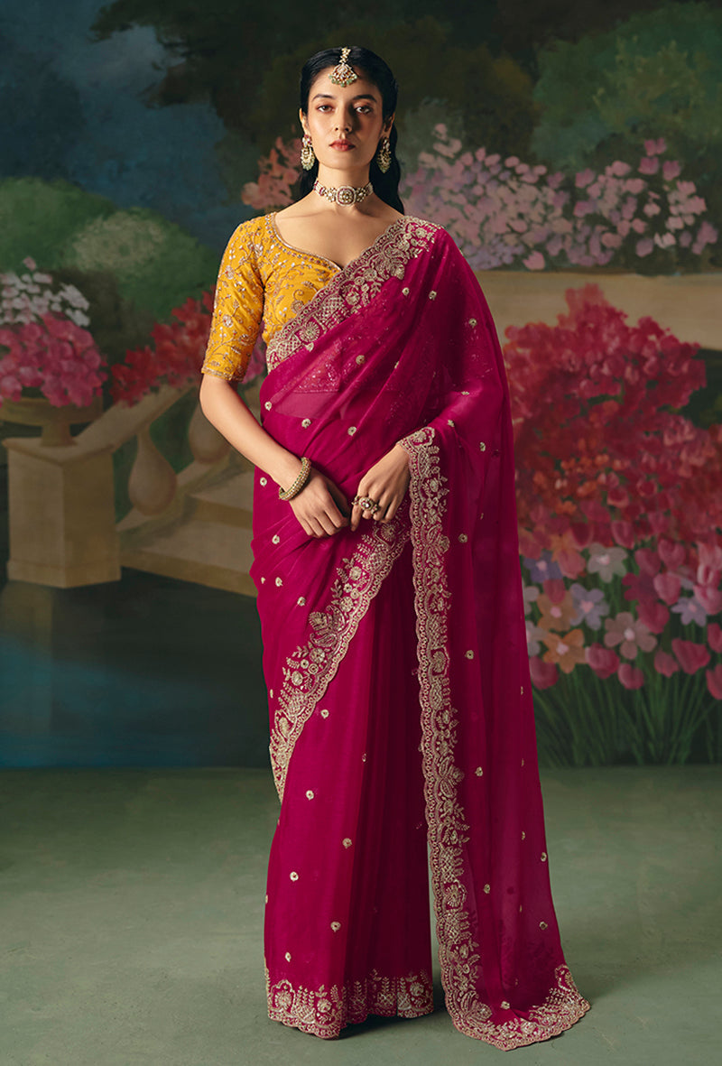 Monjolika Fashion Fancy Fabric Embroidered Saree in Rani Pink