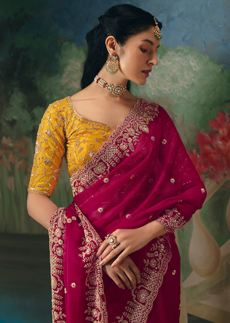 Monjolika Fashion Fancy Fabric Embroidered Saree in Rani Pink