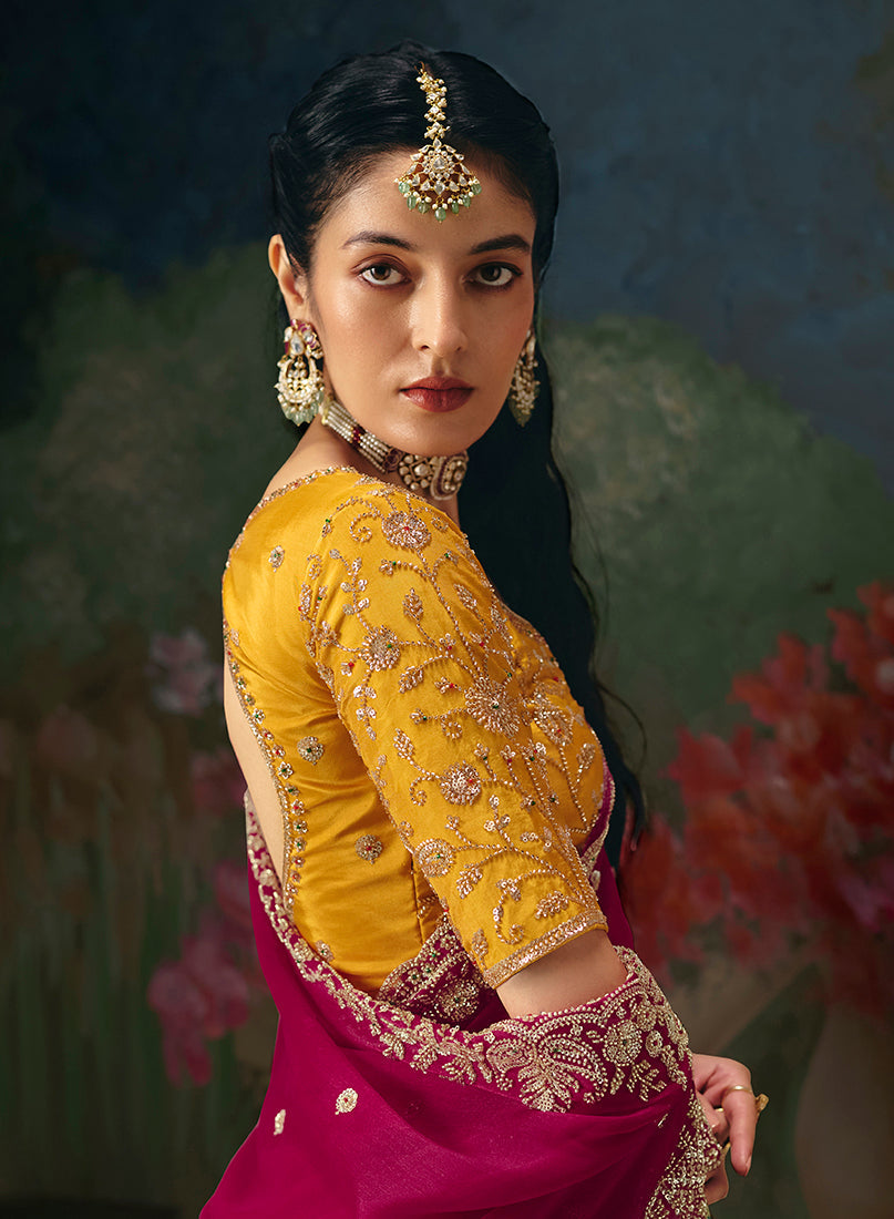 Monjolika Fashion Fancy Fabric Embroidered Saree in Rani Pink