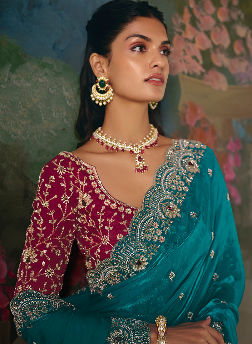 Monjolika Fashion Fancy Fabric Embroidered Saree in Aqua Blue