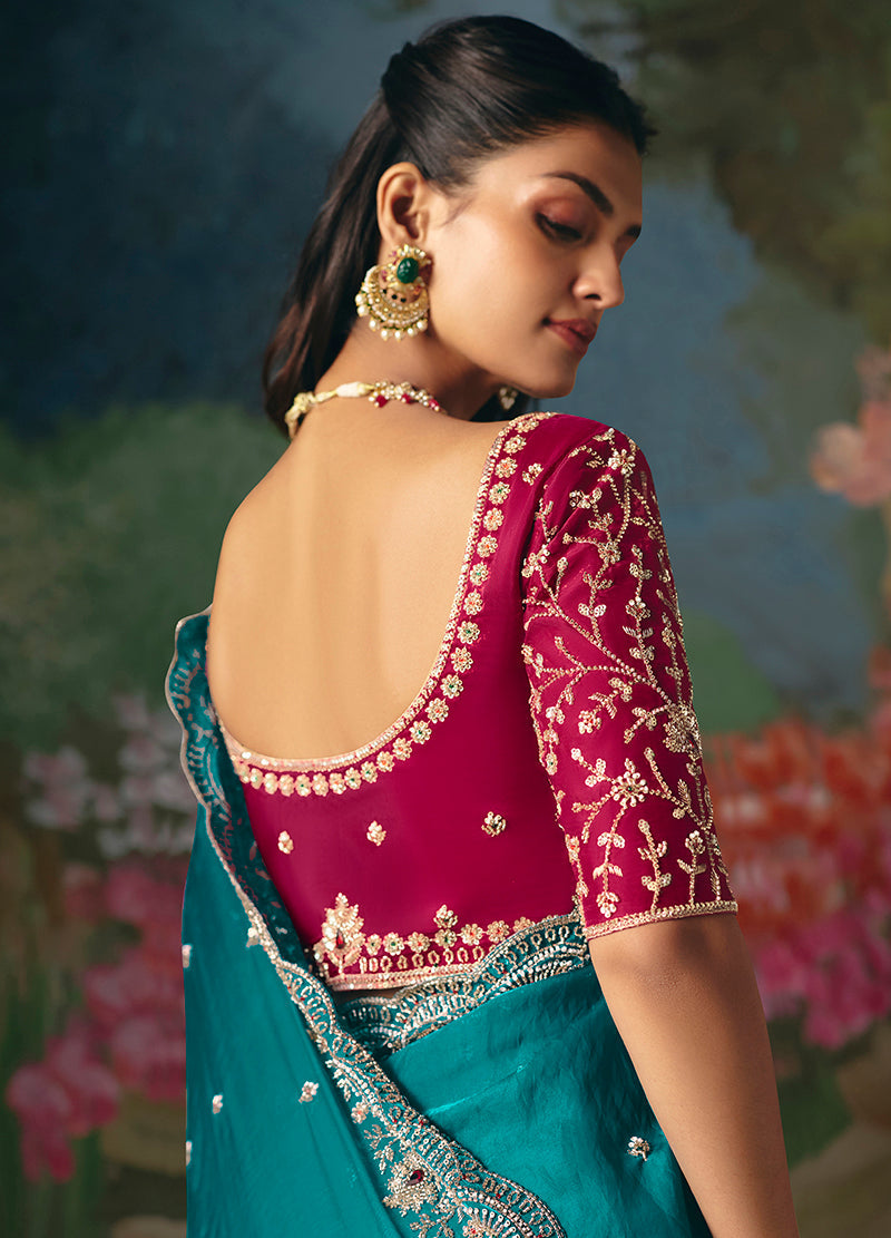 Monjolika Fashion Fancy Fabric Embroidered Saree in Aqua Blue
