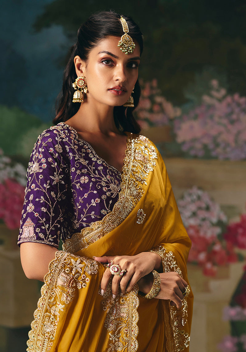 Monjolika Fashion Fancy Fabric Embroidered Saree in Mustard
