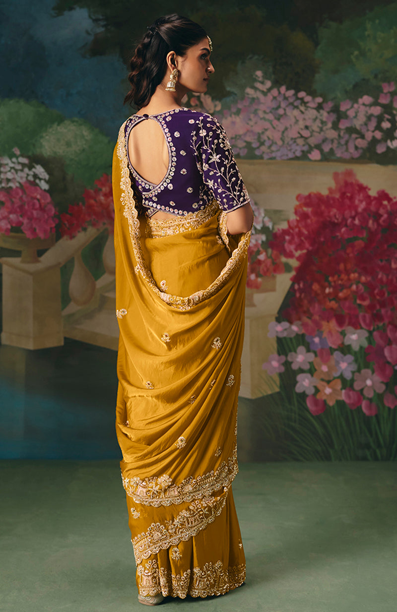 Monjolika Fashion Fancy Fabric Embroidered Saree in Mustard