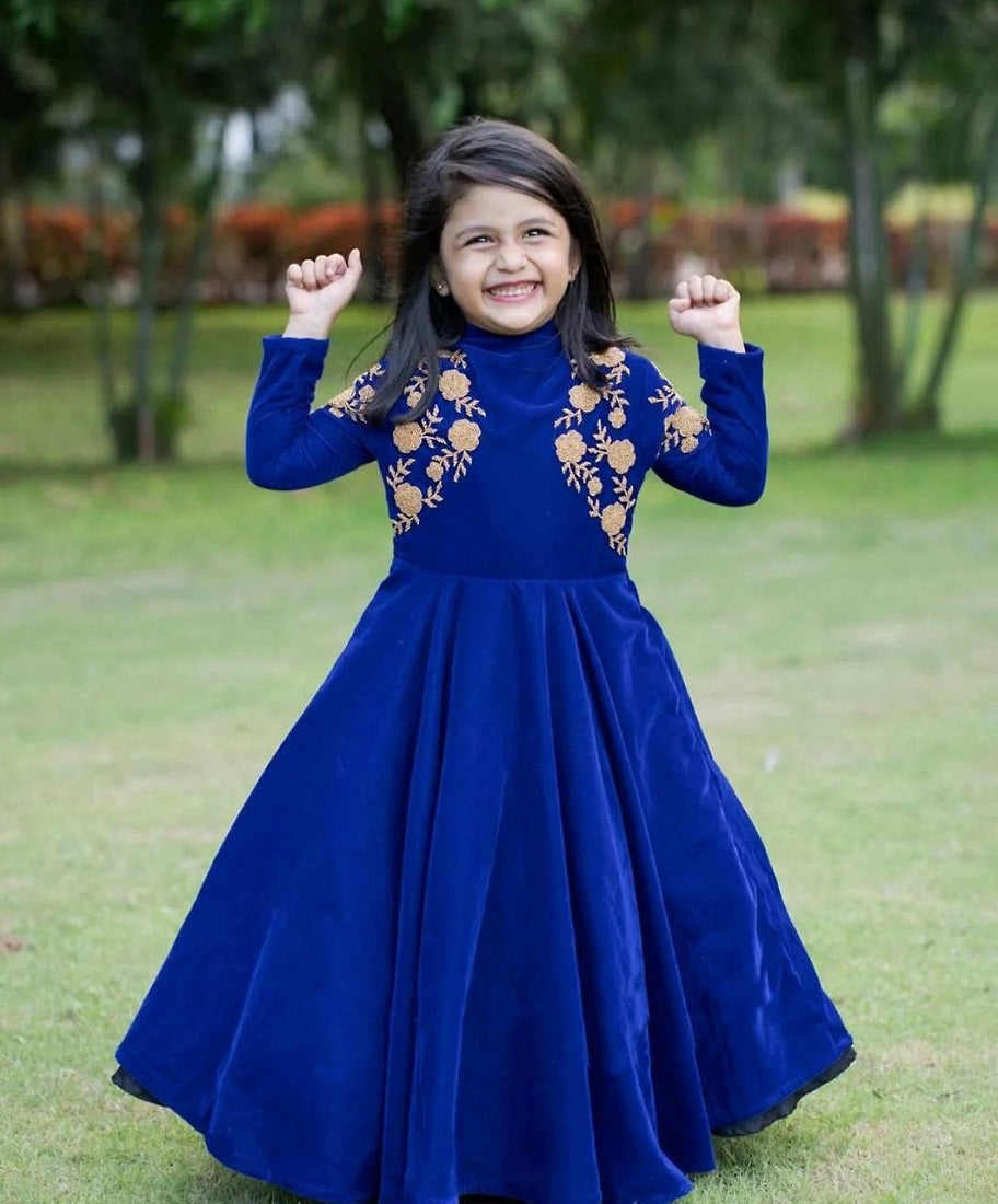 Evanik Blue Designer Heavy Viscose Velvet Embroidered Work Party Wear Kids Gown