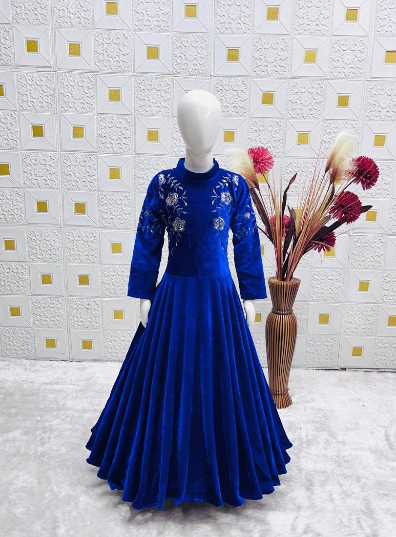 Evanik Blue Designer Heavy Viscose Velvet Embroidered Work Party Wear Kids Gown