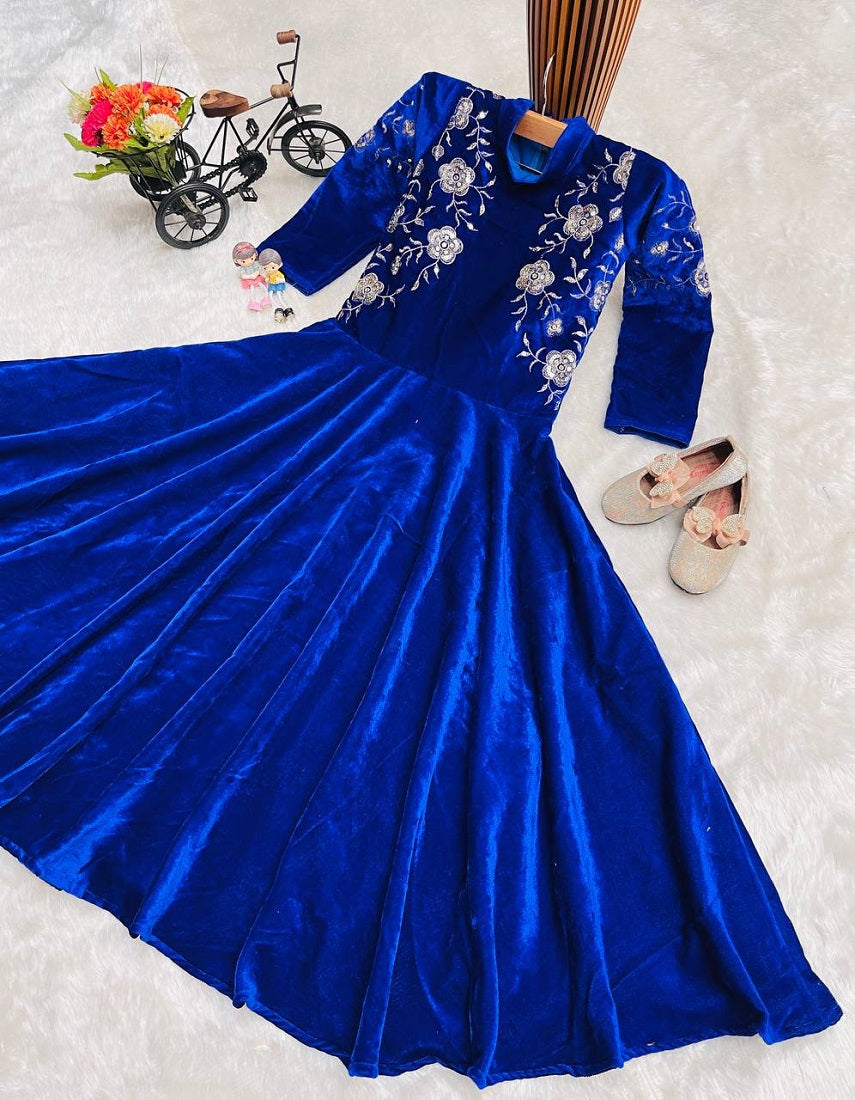Evanik Blue Designer Heavy Viscose Velvet Embroidered Work Party Wear Kids Gown