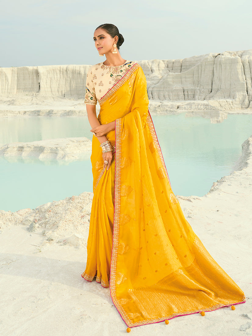 Monjolika Fashion Organza Viscose Satin Embroidered Yellow Saree