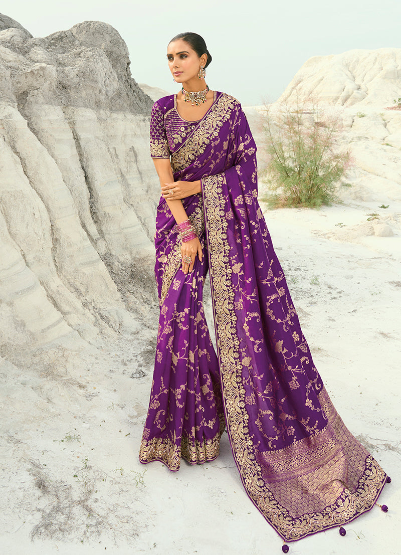 Monjolika Fashion Viscose Embroidered Dark Magenta Saree