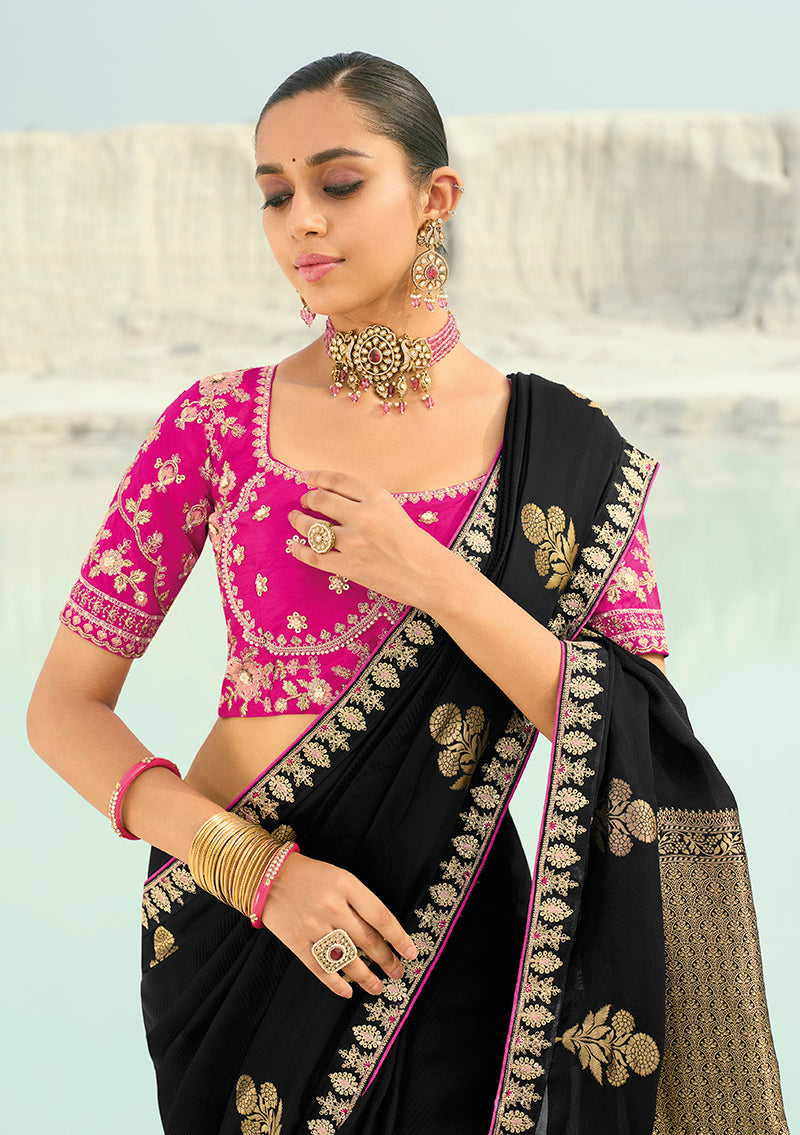 Monjolika Fashion Organza Viscose Satin Embroidered Black Saree