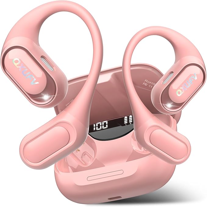 Open Ear Headphones, Bluetooth 5.4 Headphones Sports, Premium Sound with HD Mic Wireless Earbuds, 48H Playtime LED Power Display Ear Buds, IPX7 Lightweight Comfort Earphones for Running, Pink