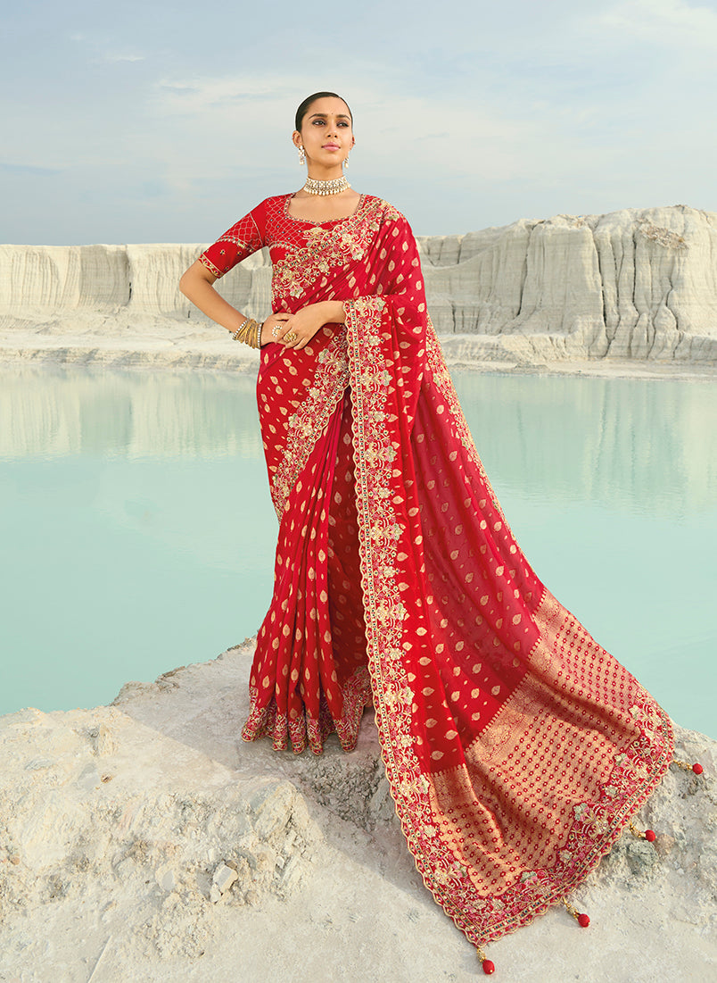 Monjolika Fashion Viscose Embroidered Red Saree
