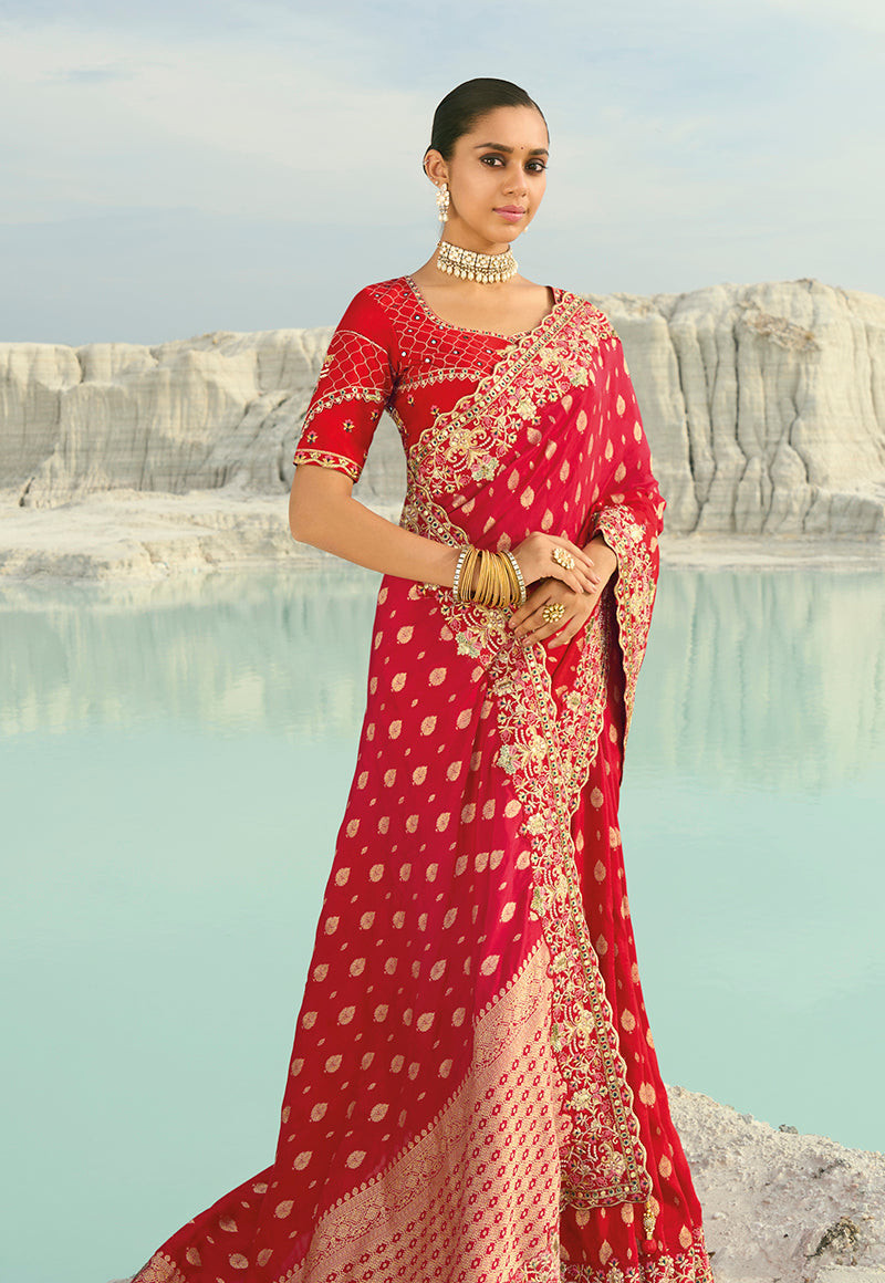 Monjolika Fashion Viscose Embroidered Red Saree