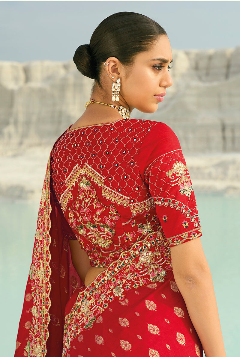 Monjolika Fashion Viscose Embroidered Red Saree