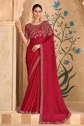 Monjolika Fashion Embroidered Faux Georgette Red Saree