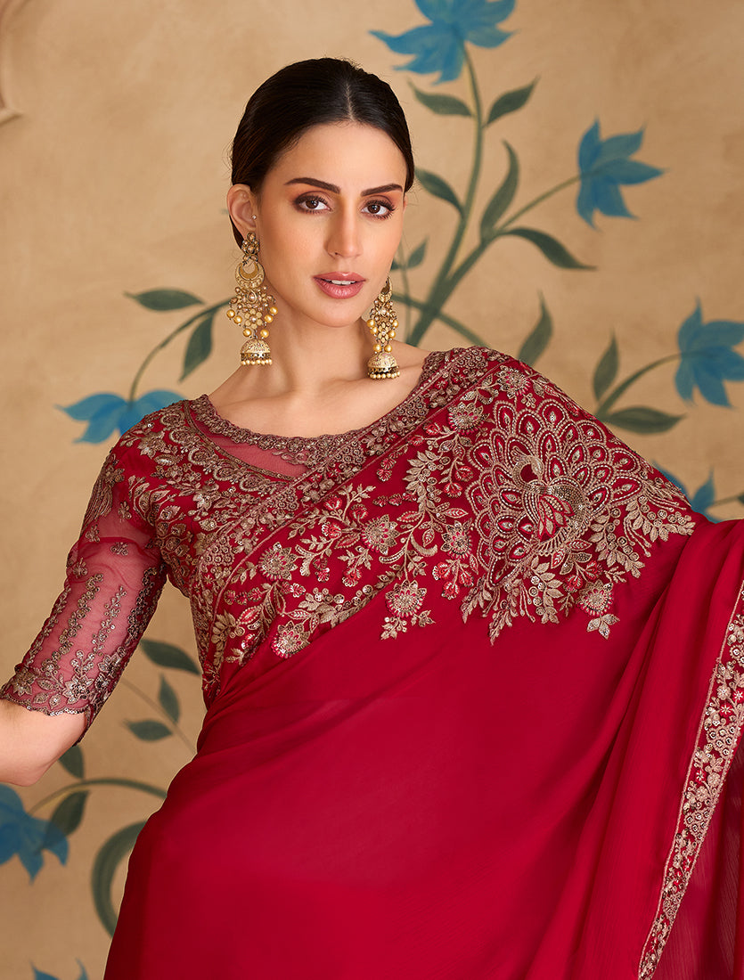 Monjolika Fashion Embroidered Faux Georgette Red Saree
