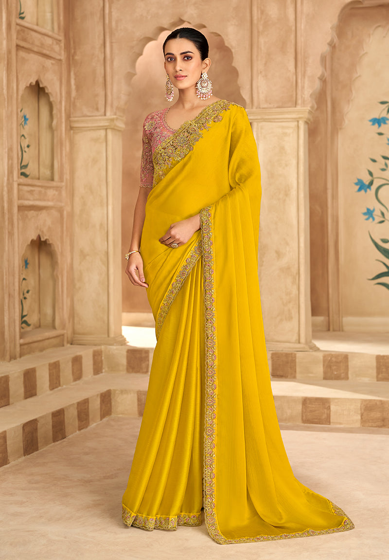 Monjolika Fashion Embroidered Faux Chiffon Satin Yellow Saree