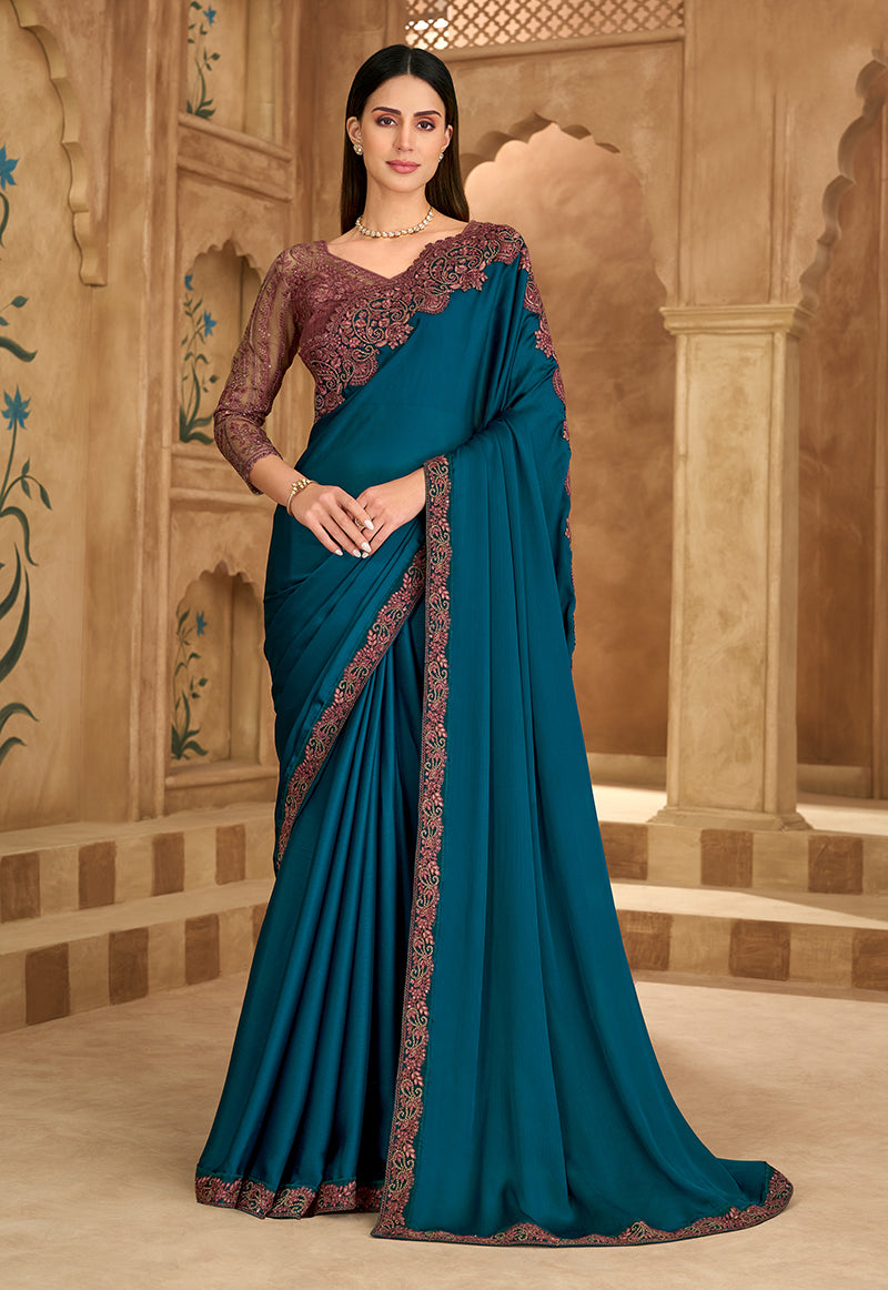 Monjolika Fashion Embroidered Faux Chiffon Satin Teal Blue Saree
