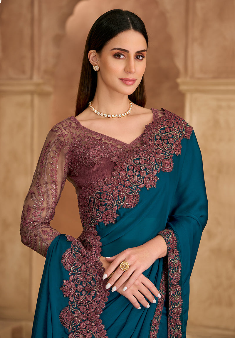 Monjolika Fashion Embroidered Faux Chiffon Satin Teal Blue Saree