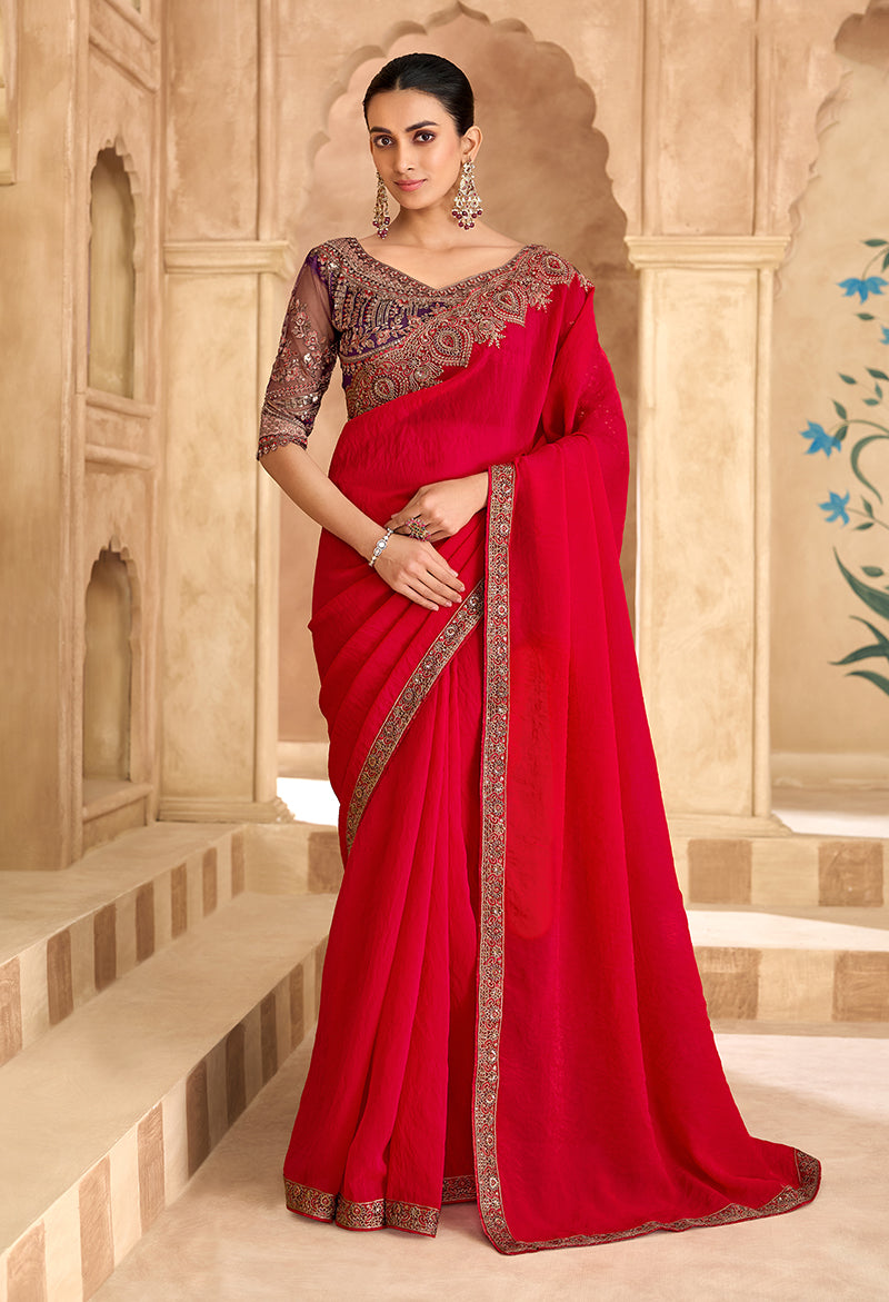 Monjolika Fashion Embroidered Faux Georgette Satin Red Saree