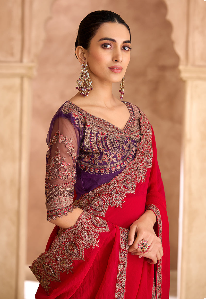 Monjolika Fashion Embroidered Faux Georgette Satin Red Saree