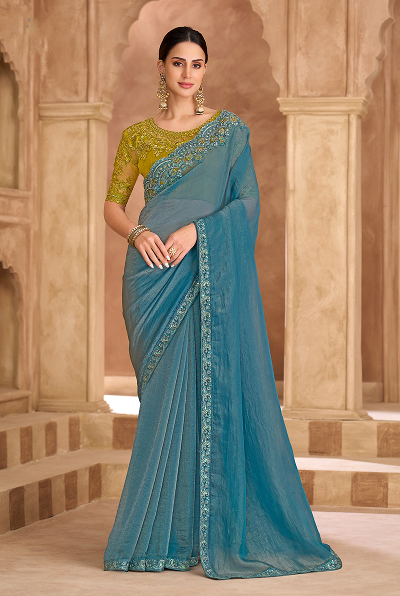 Monjolika Fashion Embroidered Faux Georgette Sky Blue Saree