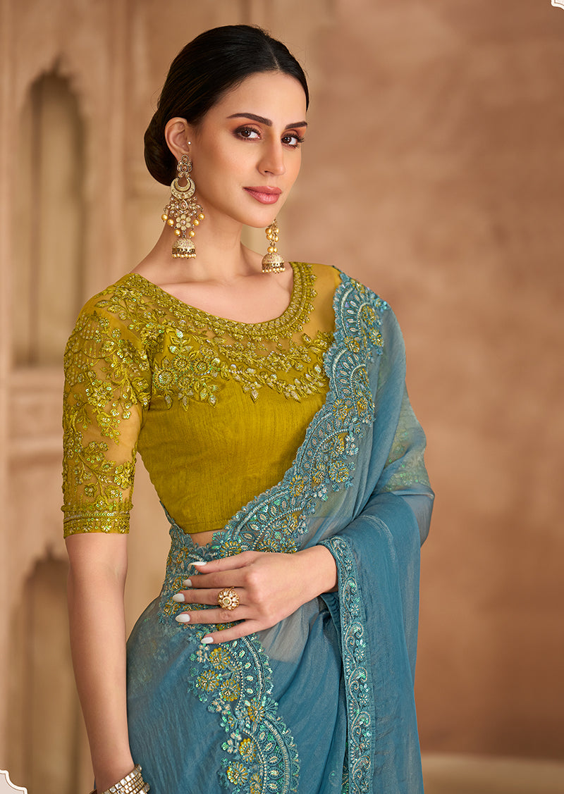 Monjolika Fashion Embroidered Faux Georgette Sky Blue Saree