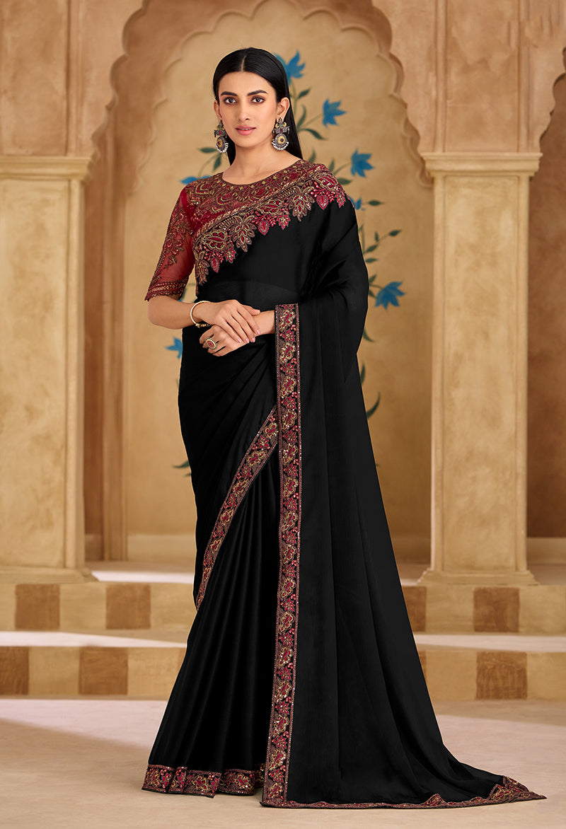 Monjolika Fashion Embroidered Faux Georgette Black Saree