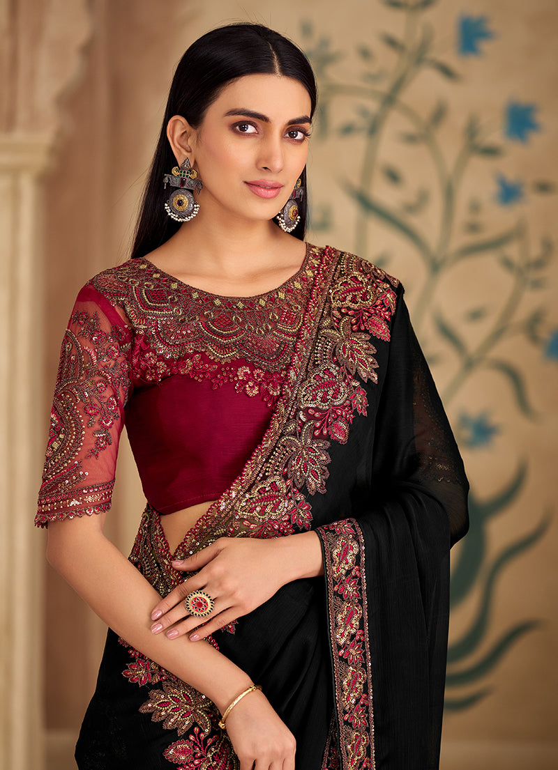 Monjolika Fashion Embroidered Faux Georgette Black Saree