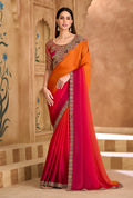 Monjolika Fashion Embroidered Faux Chiffon Satin Orange & Rani Pink Saree