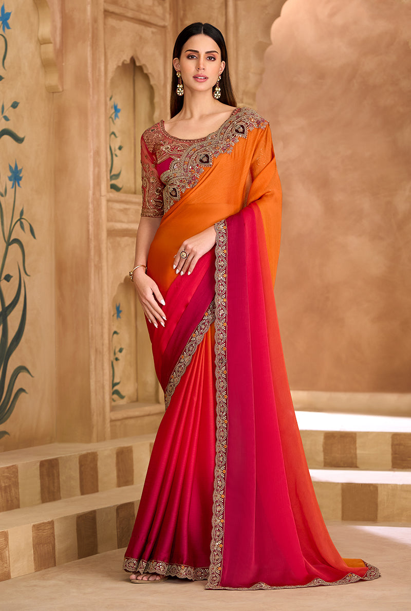 Monjolika Fashion Embroidered Faux Chiffon Satin Orange & Rani Pink Saree