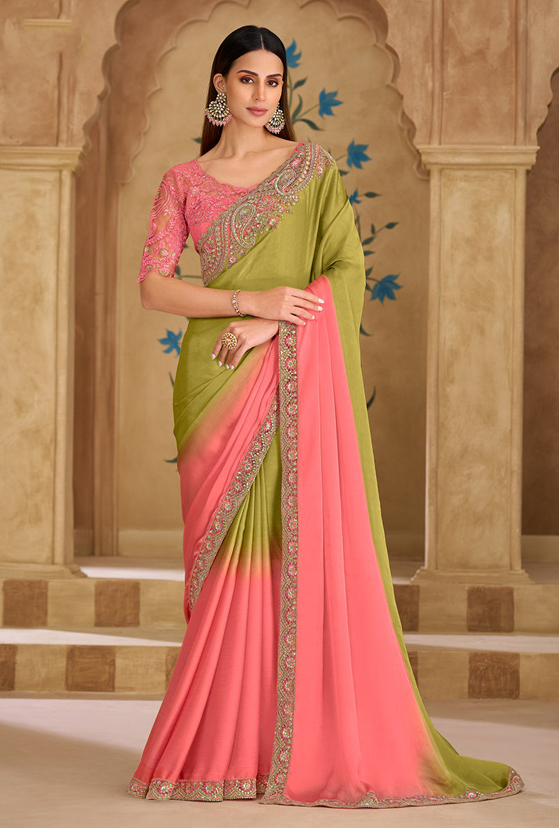Monjolika Fashion Embroidered Faux Georgette Parrot Green & Pink Saree
