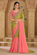 Monjolika Fashion Embroidered Faux Georgette Parrot Green & Pink Saree