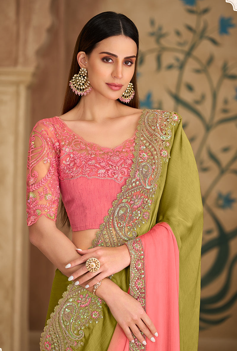 Monjolika Fashion Embroidered Faux Georgette Parrot Green & Pink Saree
