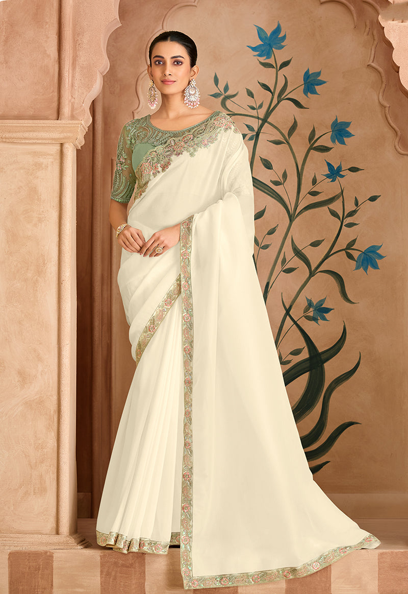 Monjolika Fashion Embroidered Faux Chiffon Satin Off White Saree