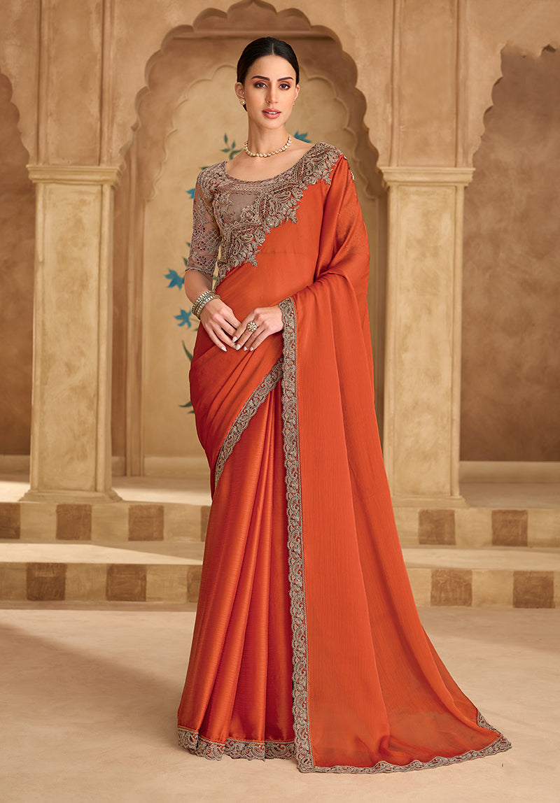 Monjolika Fashion Embroidered Faux Chiffon Satin Orange Saree