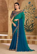 Monjolika Fashion Embroidered Faux Chiffon Teal Green & Blue Saree
