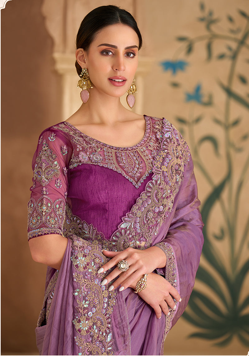 Monjolika Fashion Embroidered Faux Georgette Onion Pink Saree