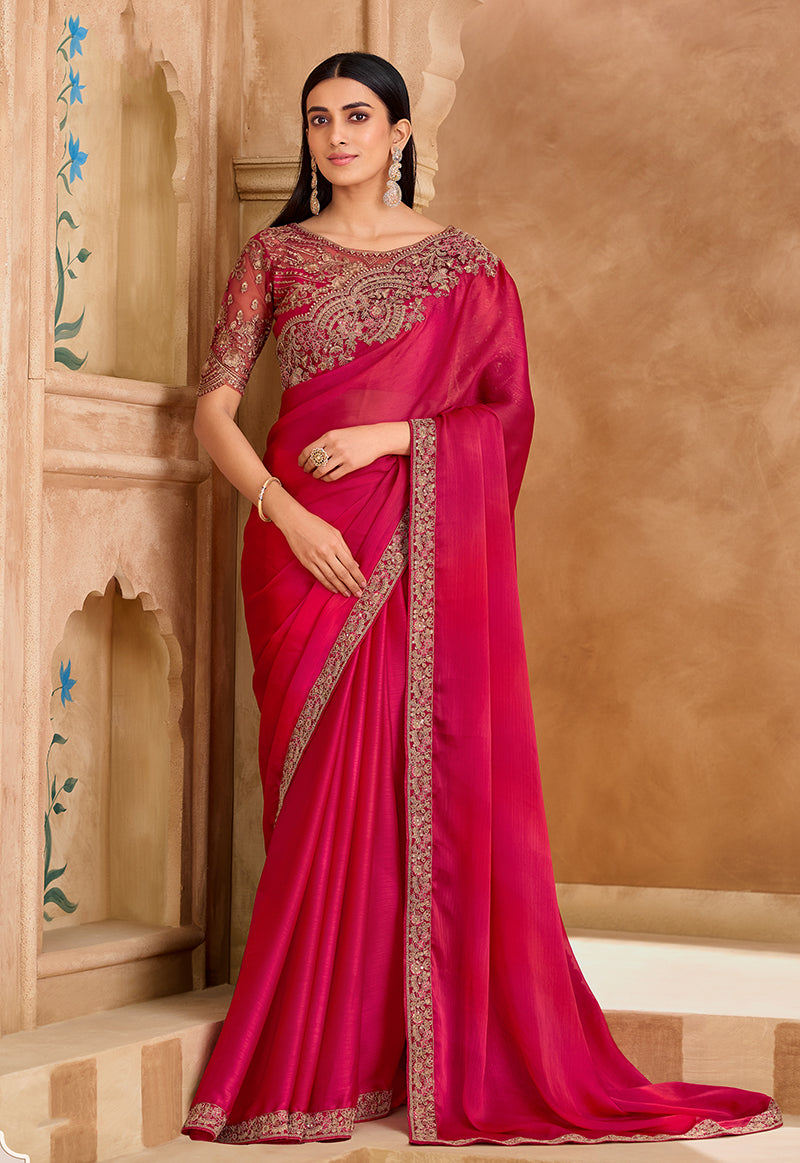 Monjolika Fashion Embroidered Faux Chiffon Satin Rani Pink Saree