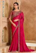 Monjolika Fashion Embroidered Faux Chiffon Satin Rani Pink Saree