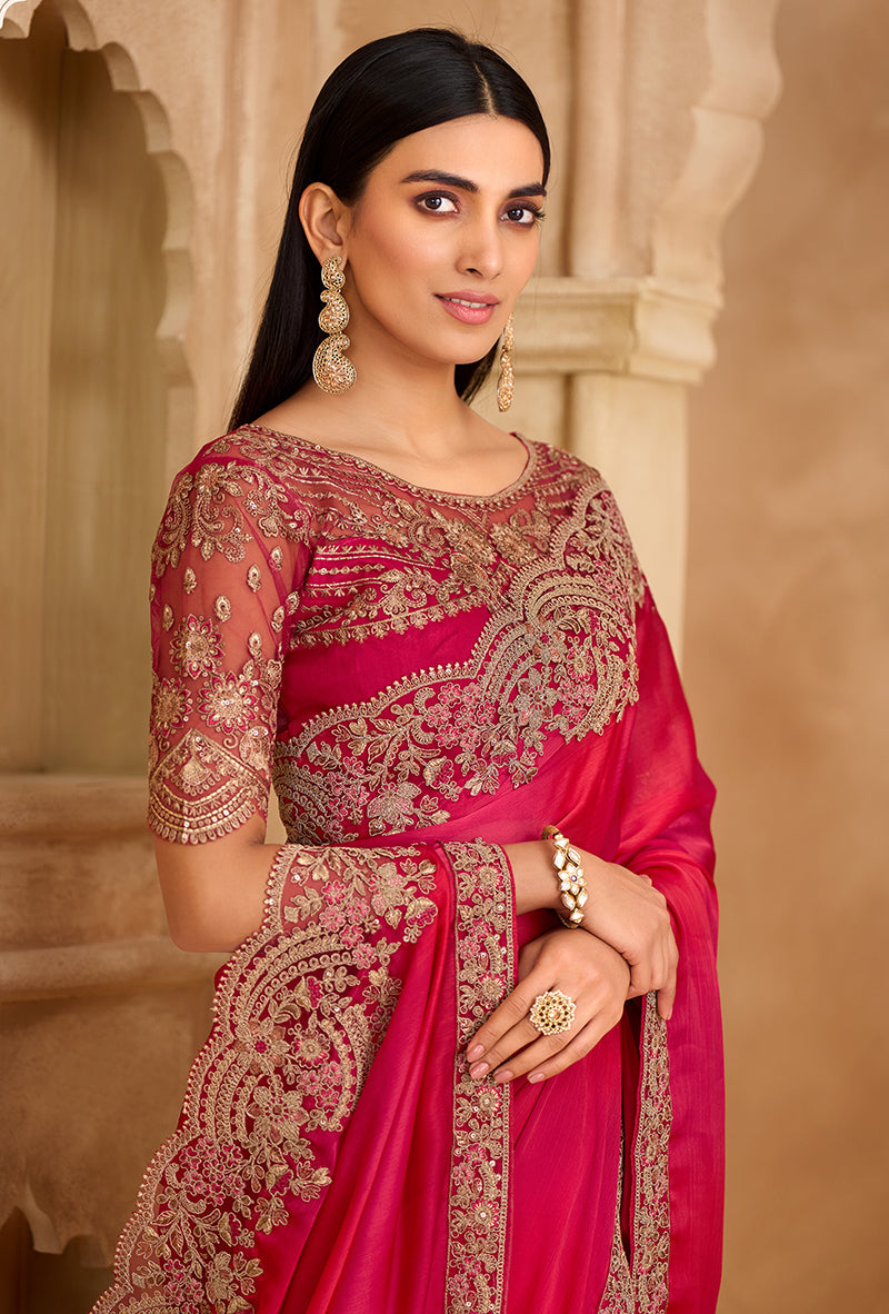 Monjolika Fashion Embroidered Faux Chiffon Satin Rani Pink Saree