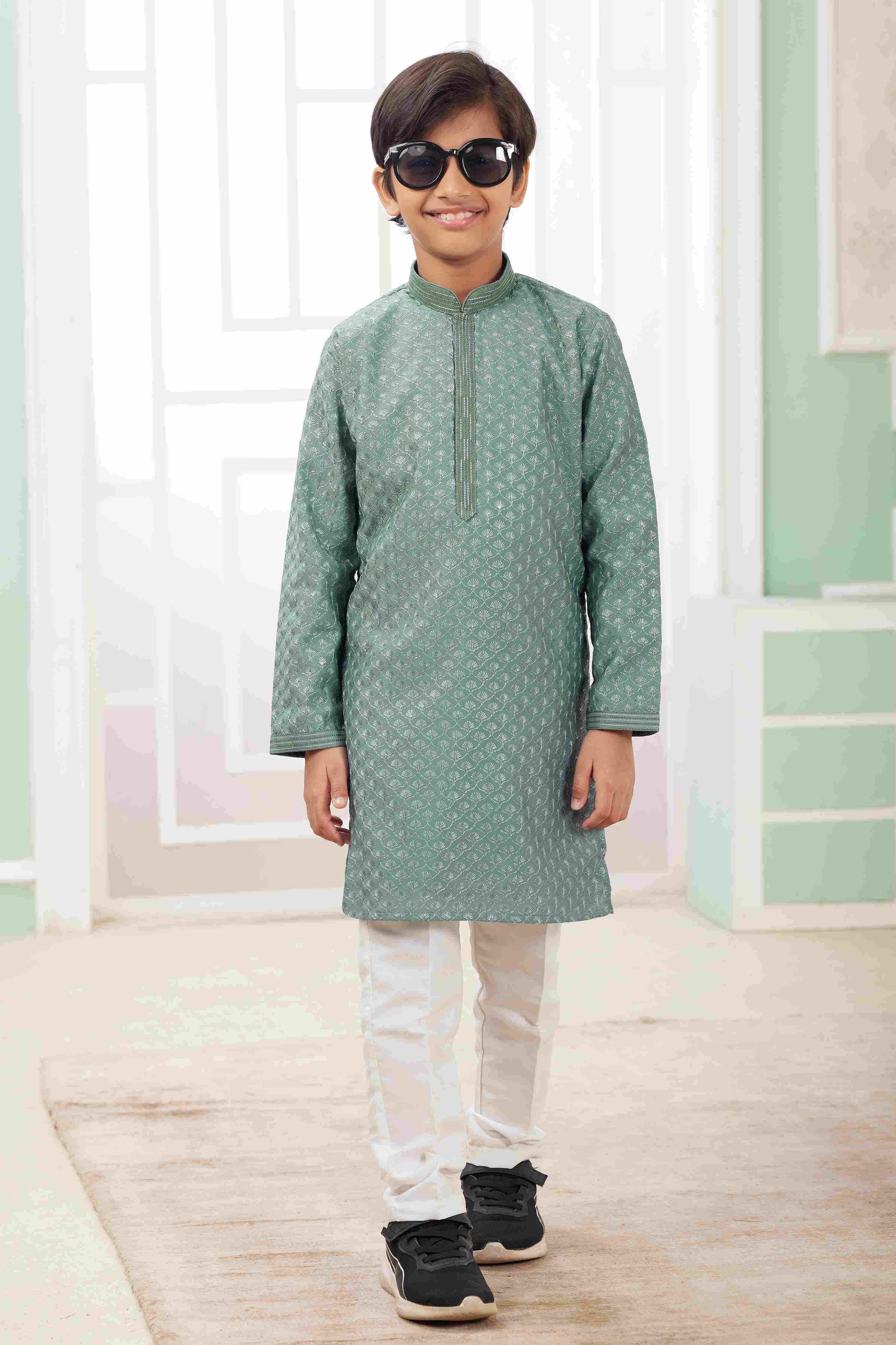 Raivat Ethnic Art Silk Embroidery Work Kids Kurta Pajama In Green Colour
