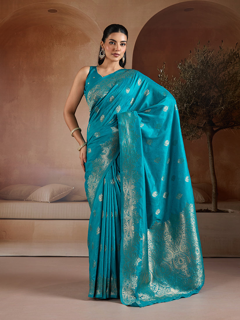 Monjolika Fashion Aqua Blue Handloom Weaving Silk Blend Saree