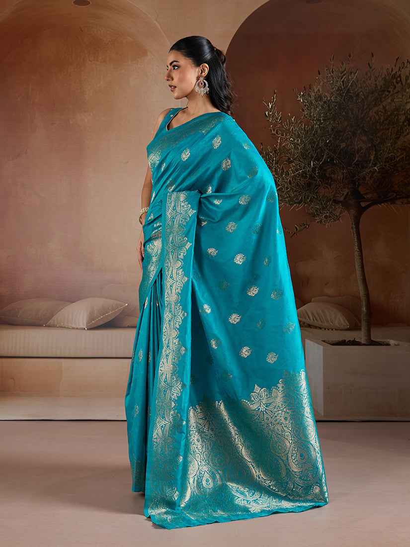 Monjolika Fashion Aqua Blue Handloom Weaving Silk Blend Saree