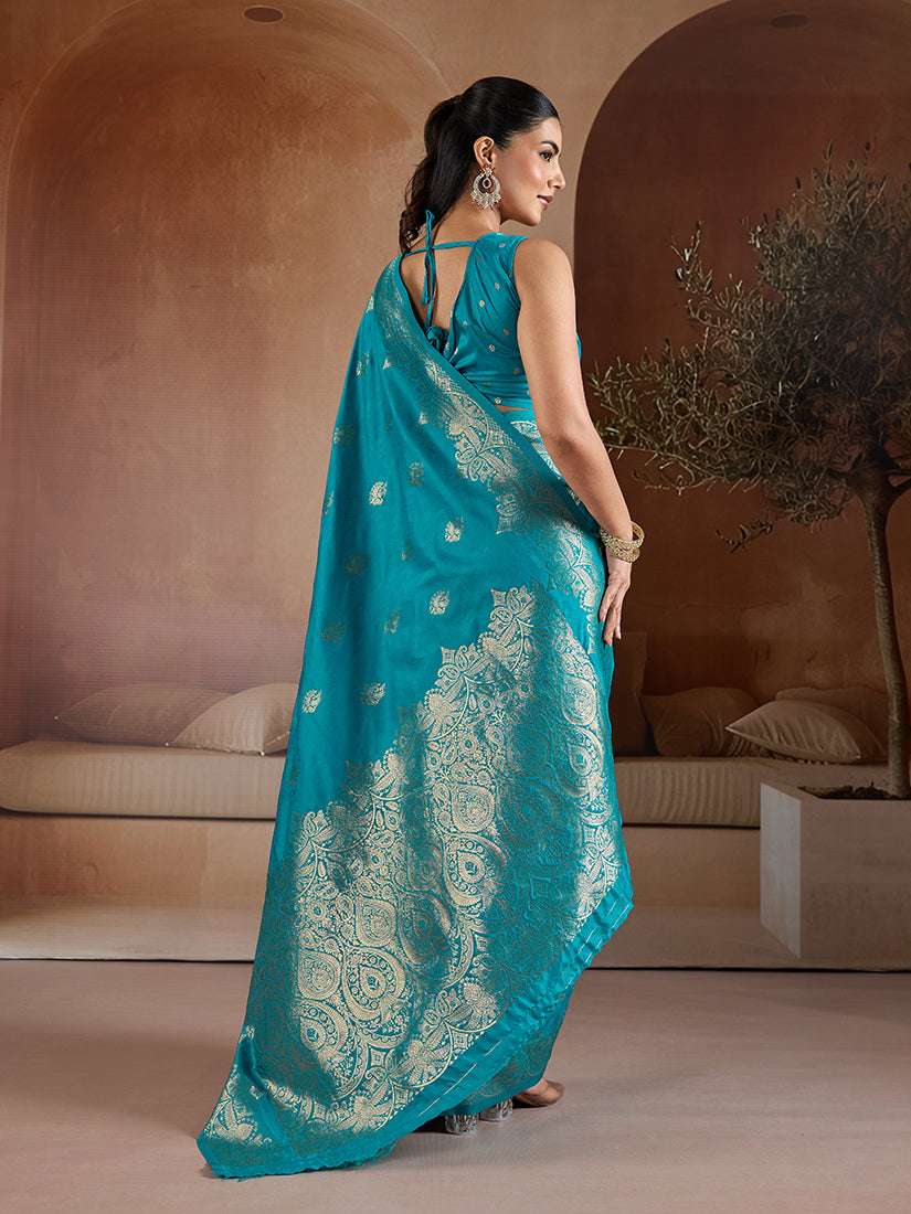 Monjolika Fashion Aqua Blue Handloom Weaving Silk Blend Saree