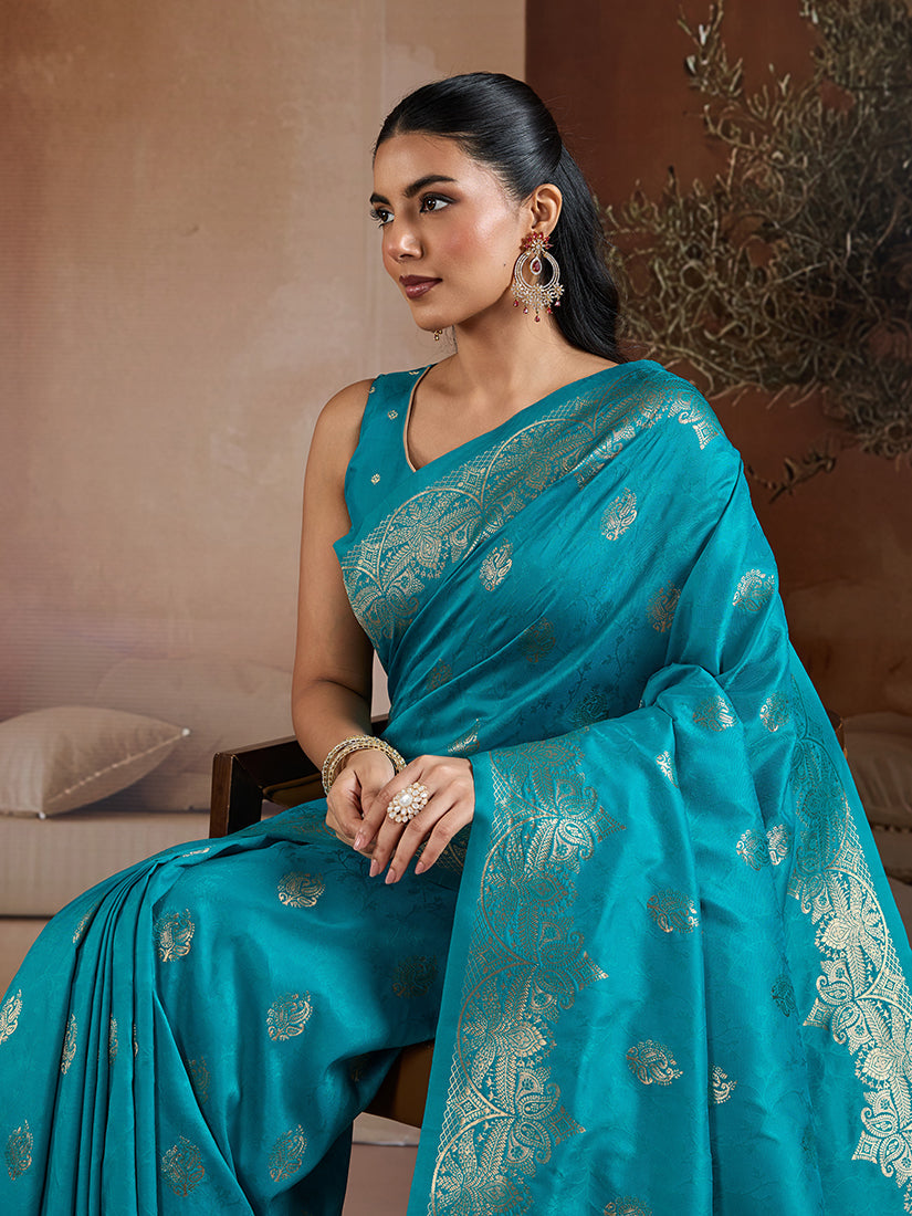 Monjolika Fashion Aqua Blue Handloom Weaving Silk Blend Saree
