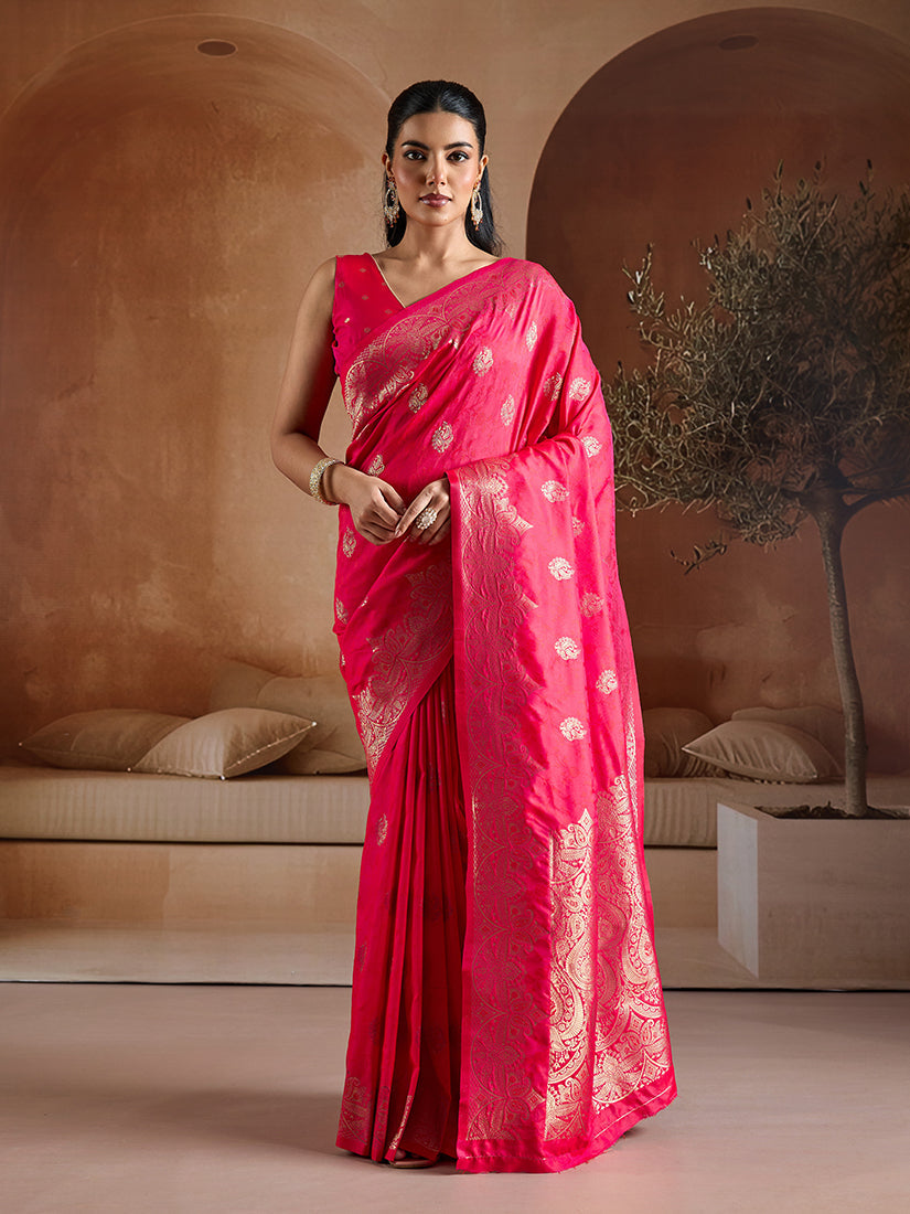 Monjolika Fashion Pink Blue Handloom Weaving Silk Blend Saree