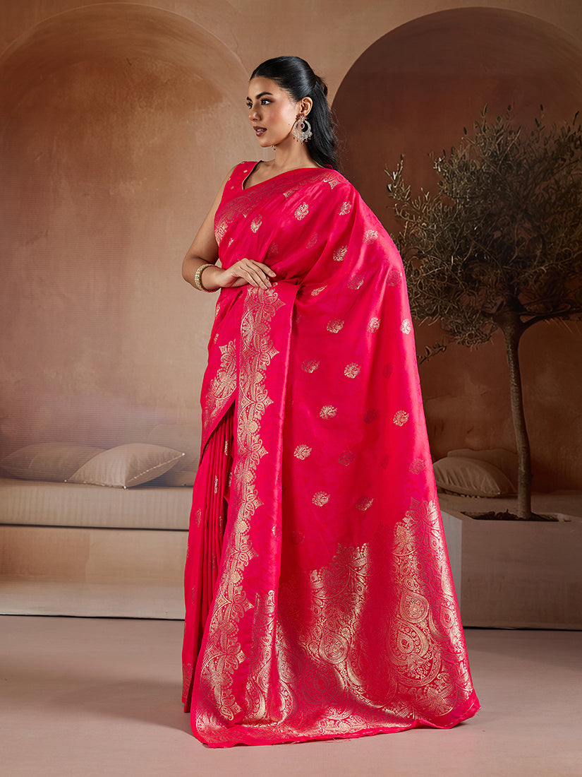 Monjolika Fashion Pink Blue Handloom Weaving Silk Blend Saree
