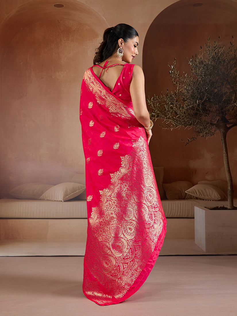 Monjolika Fashion Pink Blue Handloom Weaving Silk Blend Saree