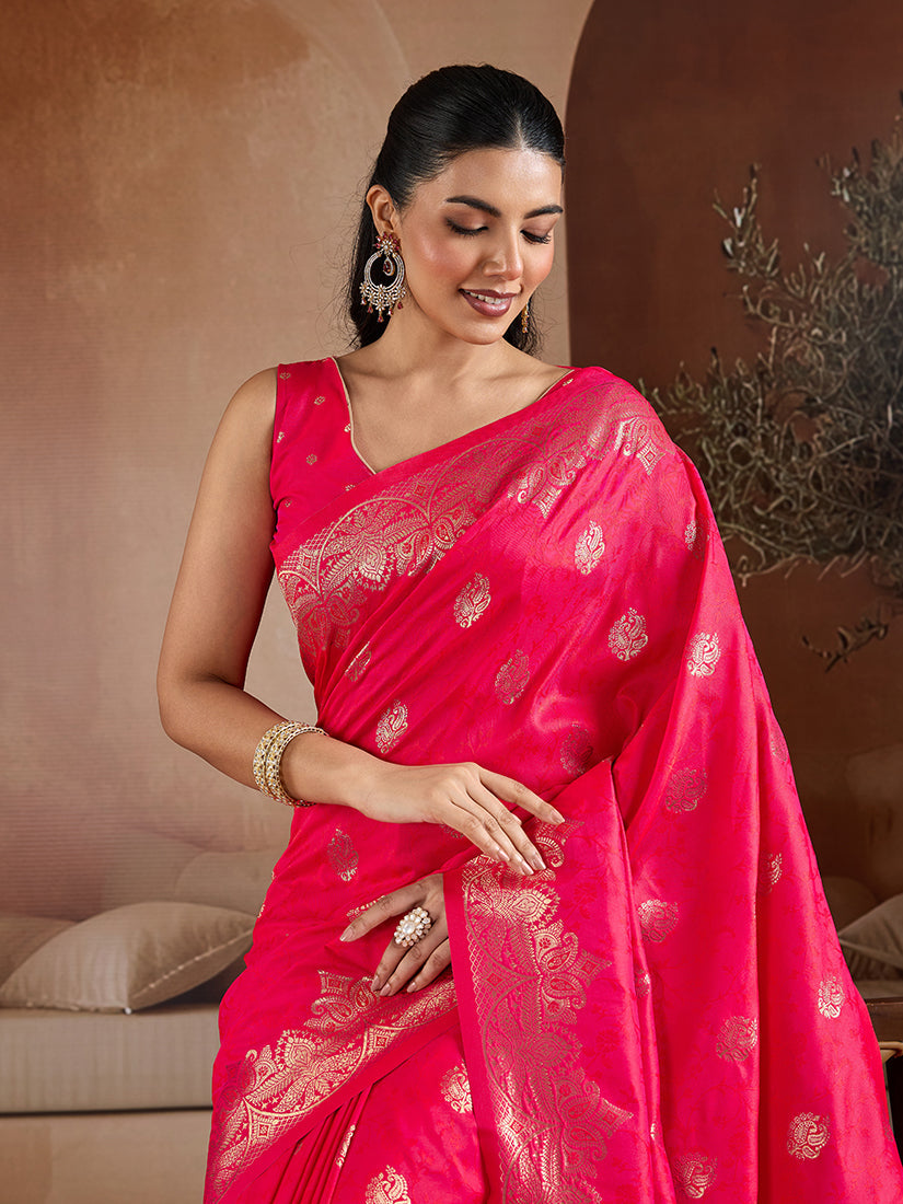 Monjolika Fashion Pink Blue Handloom Weaving Silk Blend Saree