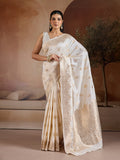 Monjolika Fashion Off White Blue Handloom Weaving Silk Blend Saree
